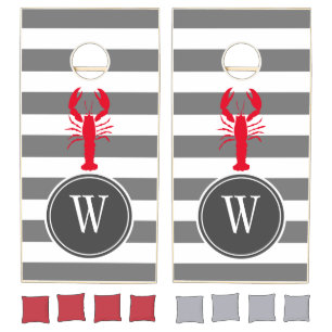 Nautical Beach Lobster Stripes Family Monogram Cornhole Set