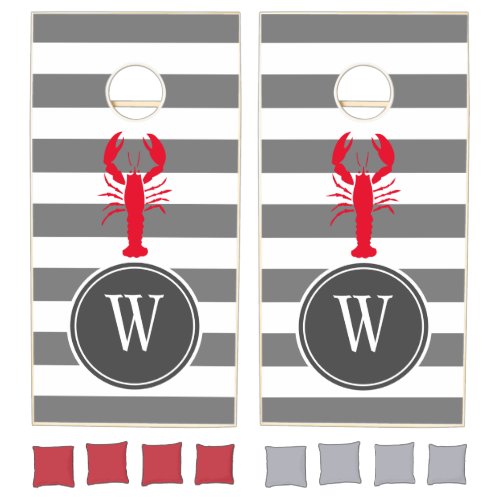 Nautical Beach Lobster Stripes Family Monogram Cornhole Set