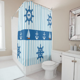 Nautical Beach Monogram Anchor Blue White Stripe Shower Curtain