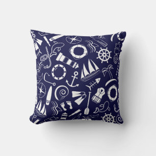 Nautical Beach Navy Blue White Sailor Lighthouse Throw Pillow
