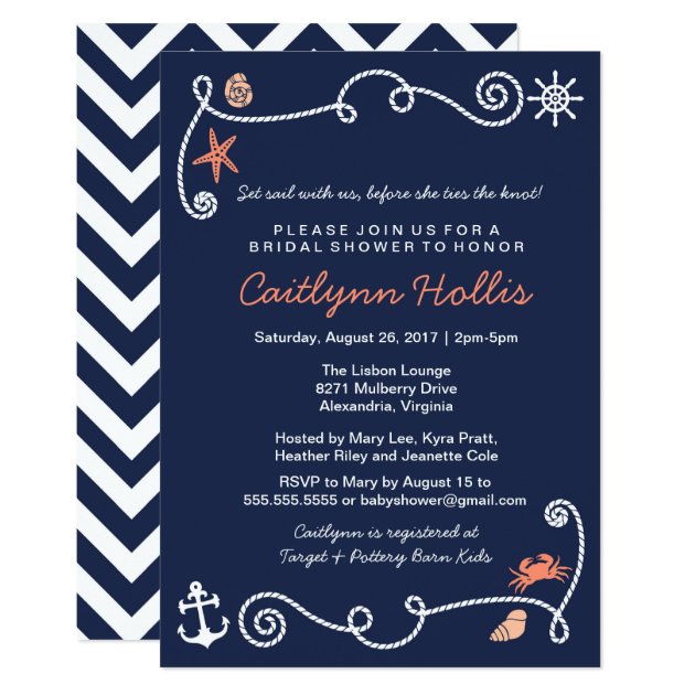 Nautical Beach Navy & Coral Bridal Or Baby Shower Invitation