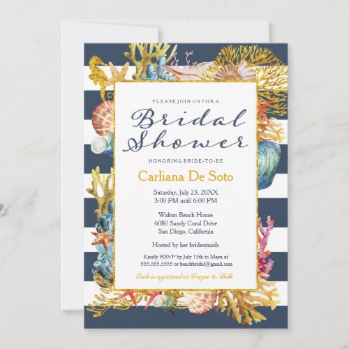 Nautical Beach Navy Gold Glitter _ Bridal Shower Invitation