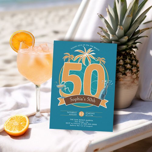 Nautical Beach Ocean Tropical Blue 50th Birthday Invitation
