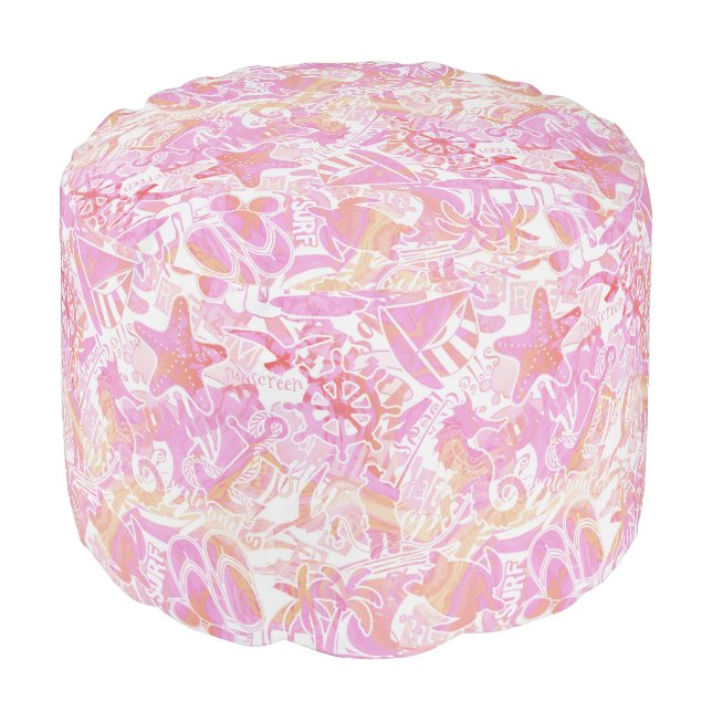 Nautical Beach Pattern Hot Pink ID840 Pouf (Angled Front)