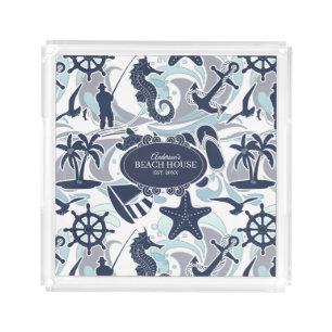 Nautical Beach Pattern Navy ID839 Acrylic Tray