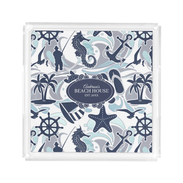 Nautical Beach Pattern Navy ID839 Acrylic Tray (Front)