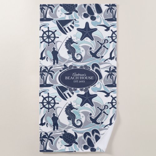 Nautical Beach Pattern Navy ID839 Beach Towel