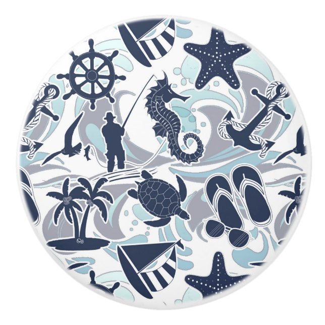 Nautical Beach Pattern Navy ID839 Ceramic Knob (Front)