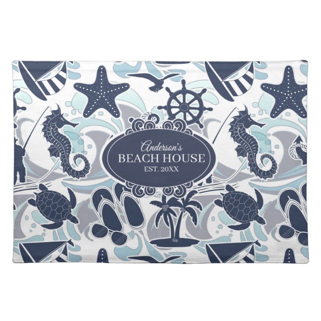 Nautical Beach Pattern Navy ID839 Cloth Placemat (Front)