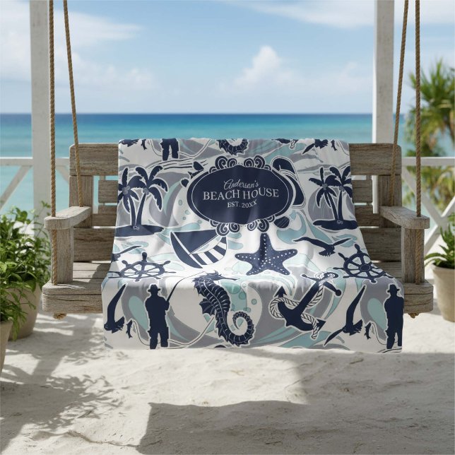 Nautical Beach Pattern Navy ID839 Fleece Blanket (Creator Uploaded)