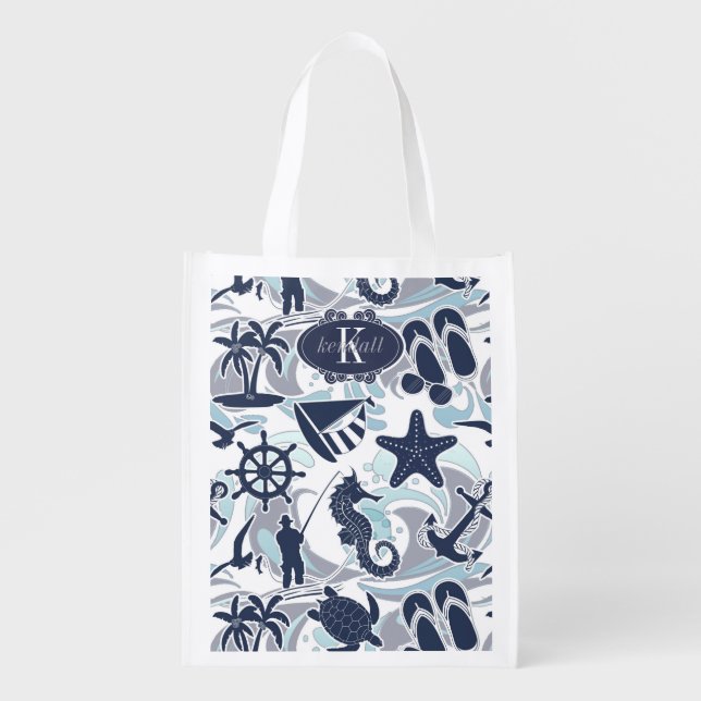Nautical Beach Pattern Navy ID839 Grocery Bag (Front)