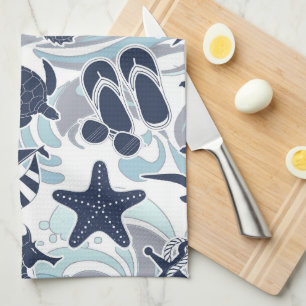 Nautical Beach Pattern Navy ID839 Kitchen Towel