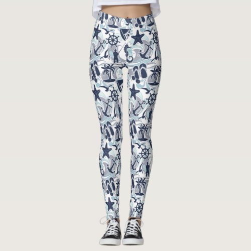 Nautical Beach Pattern Navy ID839 Leggings