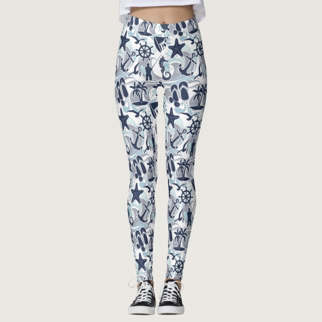 Nautical Beach Pattern Navy ID839 Leggings (Front)