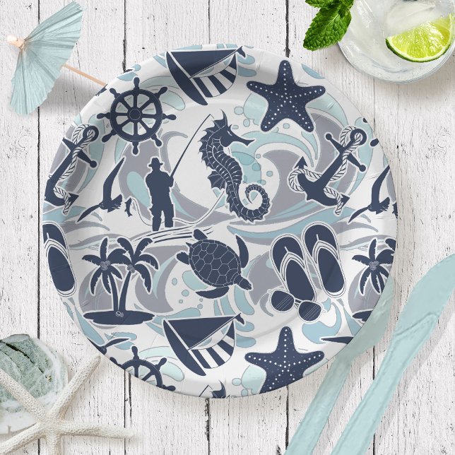 Nautical Beach Pattern Navy ID839 Paper Plates (Creator Uploaded)