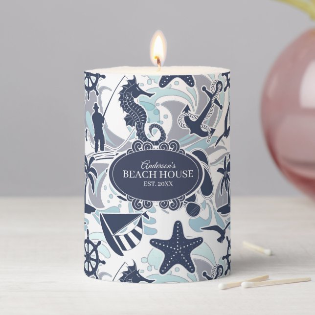Nautical Beach Pattern Navy ID839 Pillar Candle (In Situ)