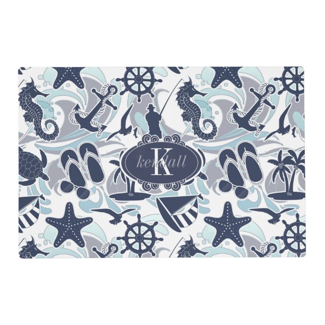 Nautical Beach Pattern Navy ID839 Placemat (Front)