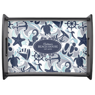 Nautical Beach Pattern Navy ID839 Serving Tray