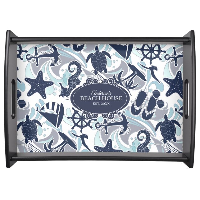 Nautical Beach Pattern Navy ID839 Serving Tray (Front)