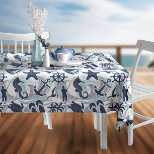 Nautical Beach Pattern Navy ID839 Tablecloth