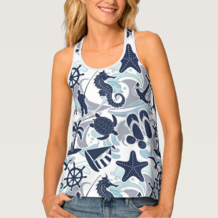 Nautical Beach Pattern Navy ID839 Tank Top