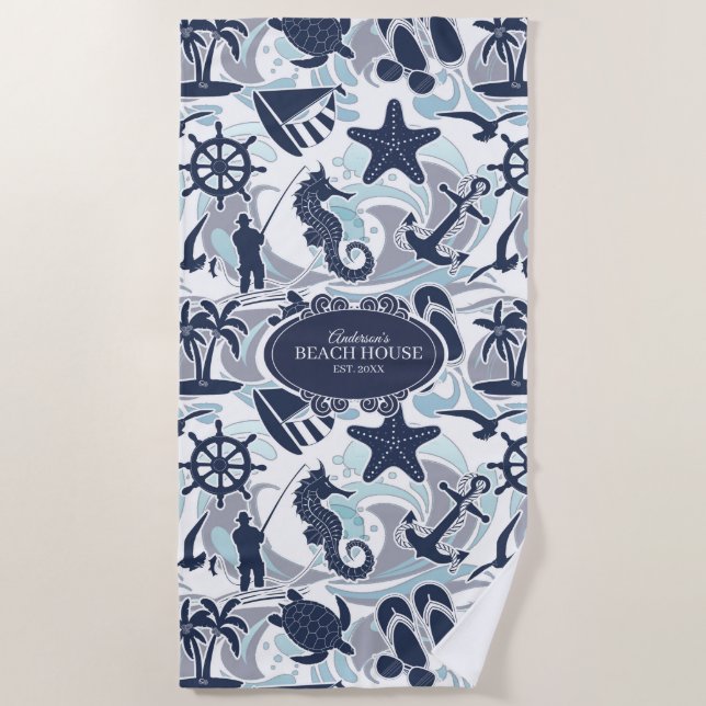 Nautical Beach Pattern Navy ID839 Towel (Front)