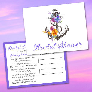 Nautical Beach Purple Floral Anchor Bridal Shower Invitation Postcard