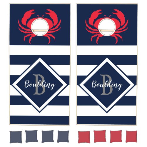 Nautical Beach Red Crab Navy Blue Family Monogram Cornhole Set