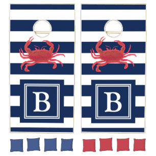 Nautical Beach Red Crab Navy Striped Monogram Cornhole Set