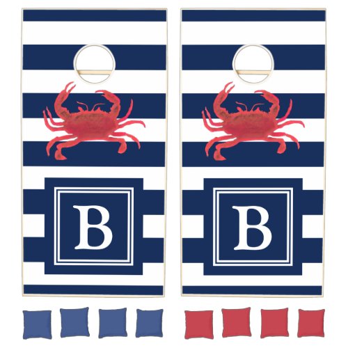 Nautical Beach Red Crab Navy Striped Monogram Cornhole Set