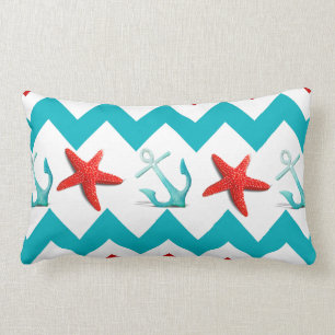 Nautical Beach Red Teal Chevron Anchors Starfish Lumbar Pillow