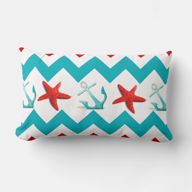 Nautical Beach Red Teal Chevron Anchors Starfish Lumbar Pillow (Front)