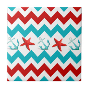 Nautical Beach Red Teal Chevron Anchors Starfish Tile