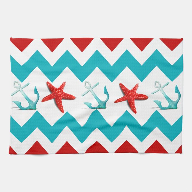 Nautical Beach Red Teal Chevron Anchors Starfish Towel (Horizontal)