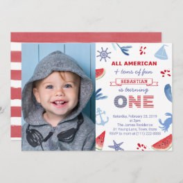 Nautical / Beach Red White Blue 1st Birthday Photo Invitation