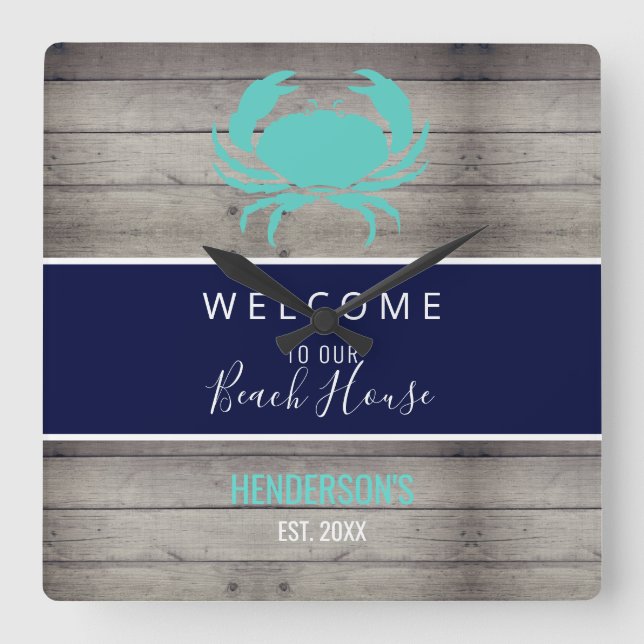 Nautical Beach Rustic Wood Family Monogram Name Square Wall Clock (Front)