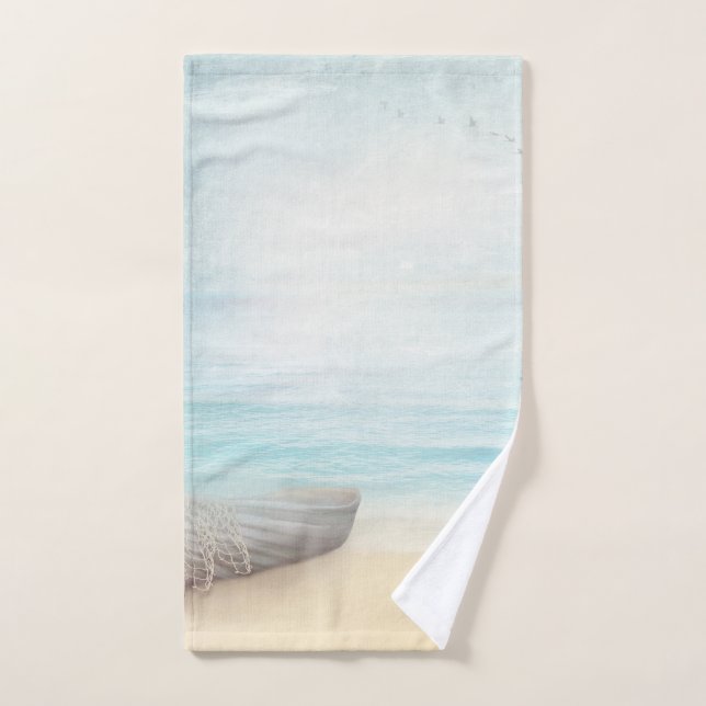 Nautical Beach Scene with Rowboat & Fishing Net Bath Towel Set (Hand Towel)
