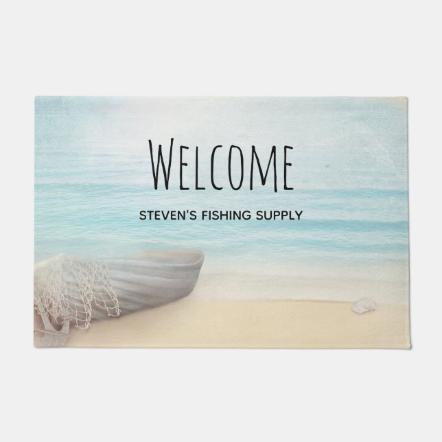 Nautical Beach Scene with Rowboat & Fishing Net Doormat (Front)