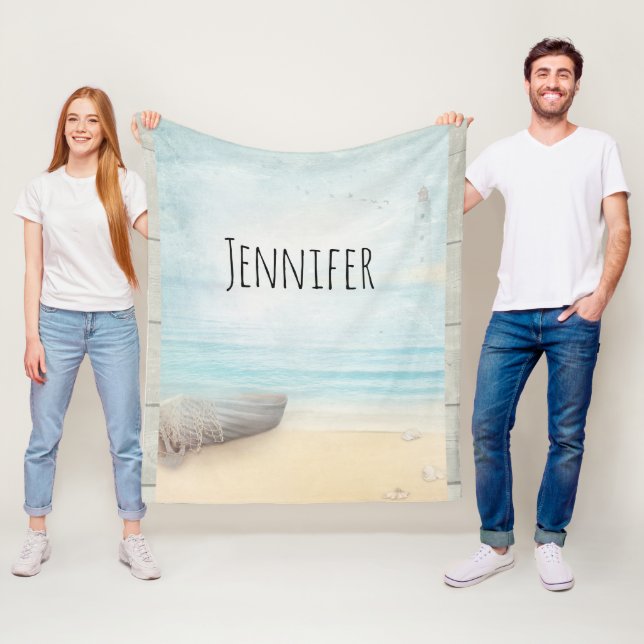 Nautical Beach Scene with Rowboat & Fishing Net Fleece Blanket (In Situ)