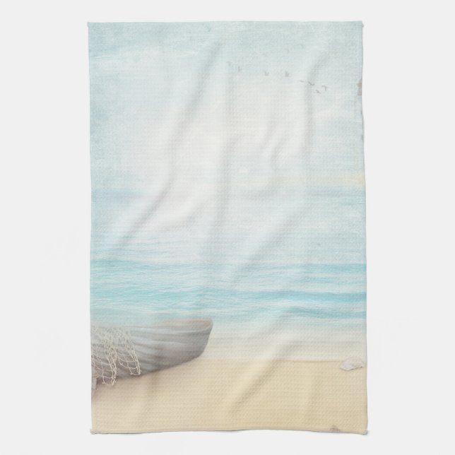 Nautical Beach Scene with Rowboat & Fishing Net Kitchen Towel (Vertical)