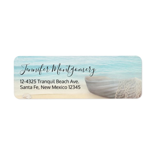 Nautical Beach Scene with Rowboat & Fishing Net Label (Front)