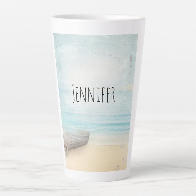 Nautical Beach Scene with Rowboat & Fishing Net Latte Mug (Front)