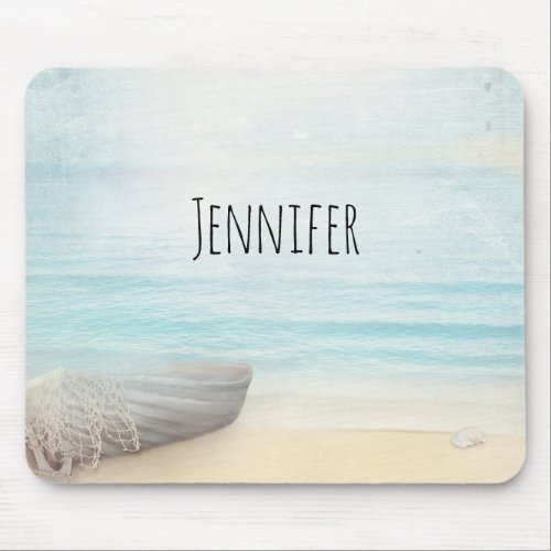 Nautical Beach Scene with Rowboat  Fishing Net Mouse Pad
