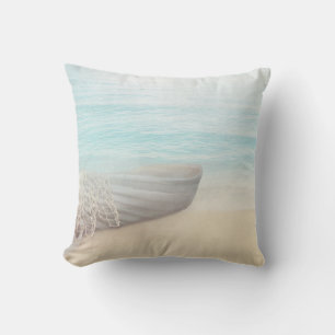 Nautical Beach Scene with Rowboat & Fishing Net Outdoor Pillow
