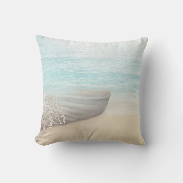 Nautical Beach Scene with Rowboat & Fishing Net Outdoor Pillow (Front)