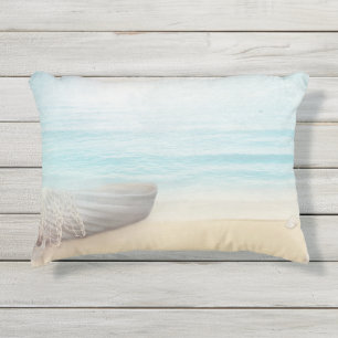 Nautical Beach Scene with Rowboat & Fishing Net Outdoor Pillow