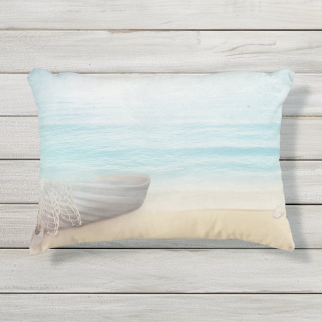 Nautical Beach Scene with Rowboat & Fishing Net Outdoor Pillow (Front)