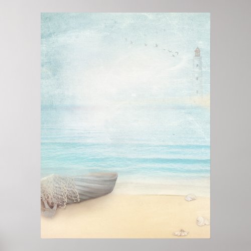 Nautical Beach Scene with Rowboat  Fishing Net Poster