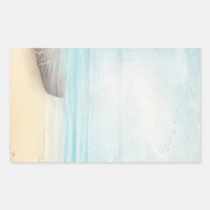 Nautical Beach Scene with Rowboat & Fishing Net Rectangular Sticker