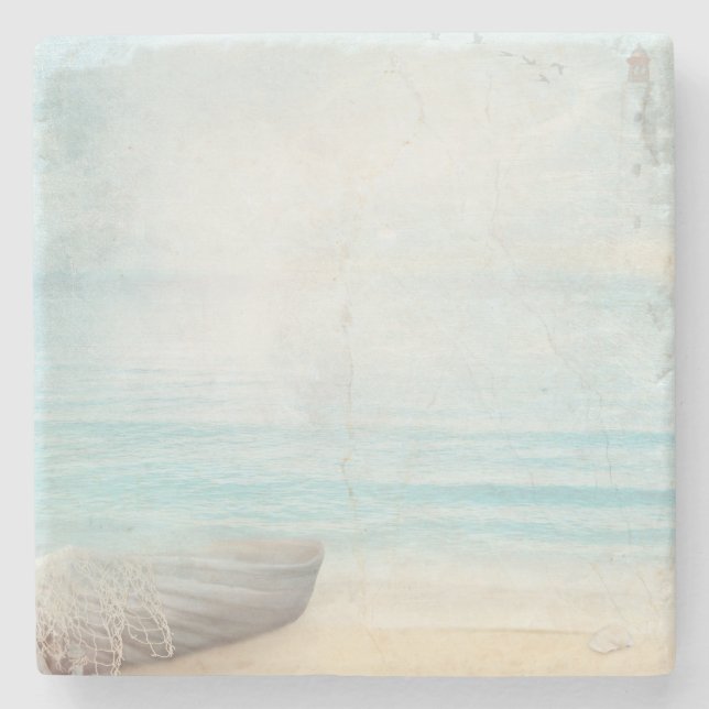 Nautical Beach Scene with Rowboat & Fishing Net Stone Coaster (Front)